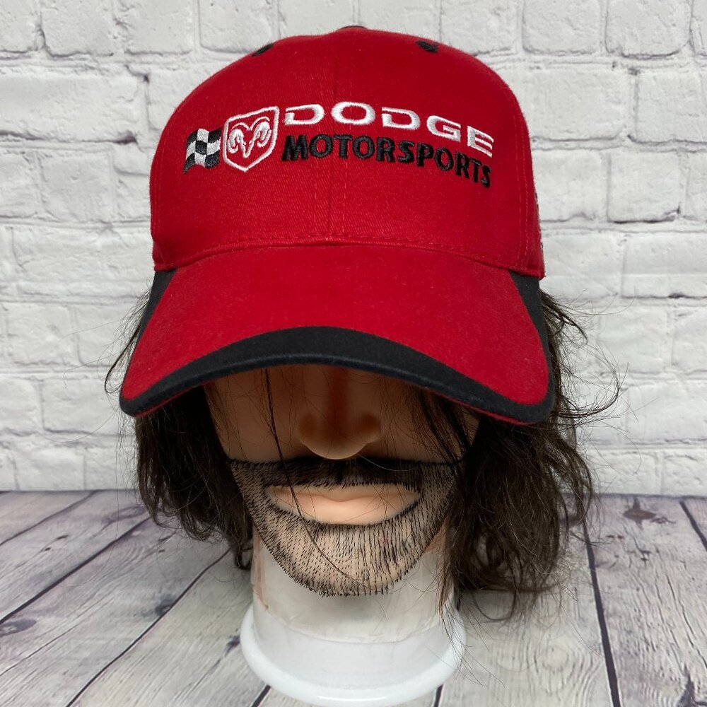 Vintage NASCAR Racing Hat Cap Strap Back Red Dodge Motorsports Checkered Flag